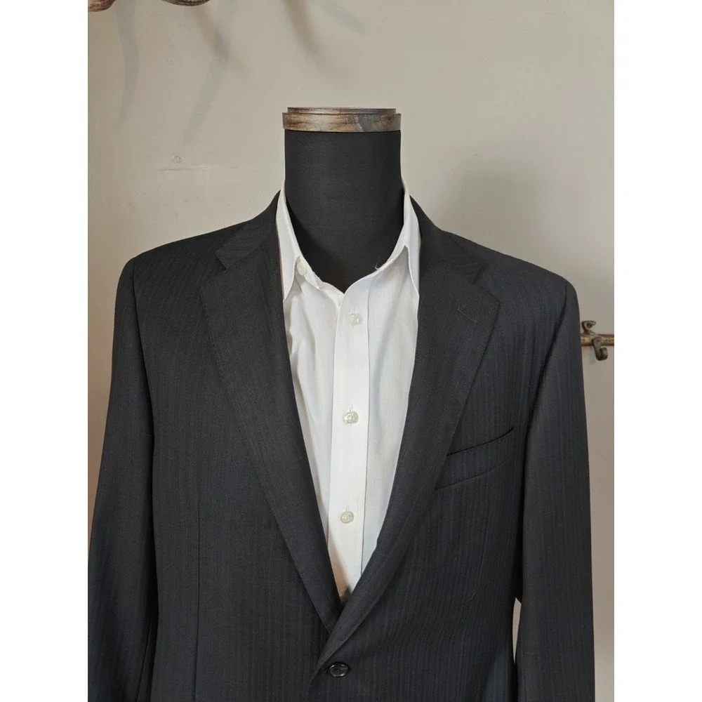 Hickey Freeman Mens Sport Coat 44L Black Herringbone Wool 2 Button Made in USA